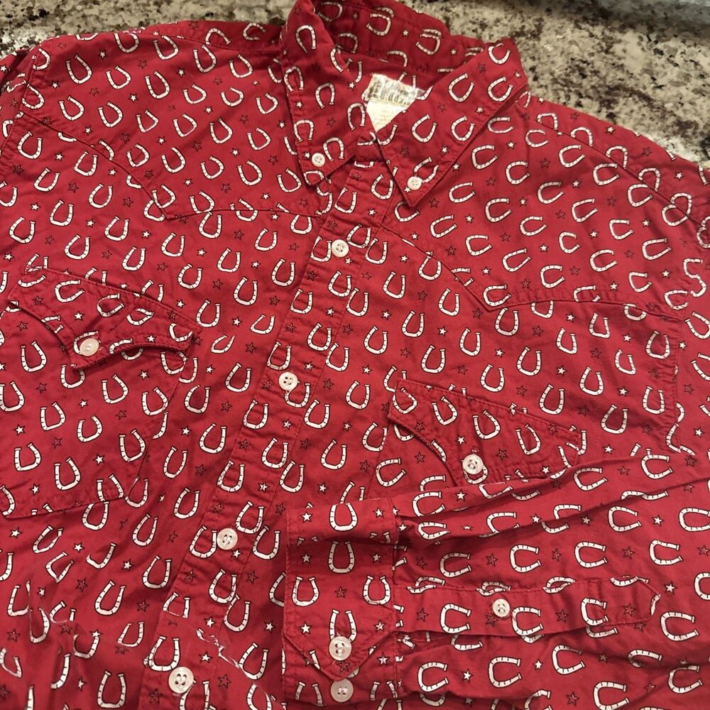 Express Rider Western Shirt Mens Large Red Horseshoe Button Front Long Sleeve